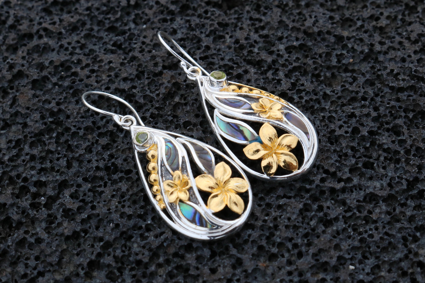 18K Gold Vermeil Plumeria Flowers Teardrop Earrings. Abalone Shell, Sterling Silver, Peridot.