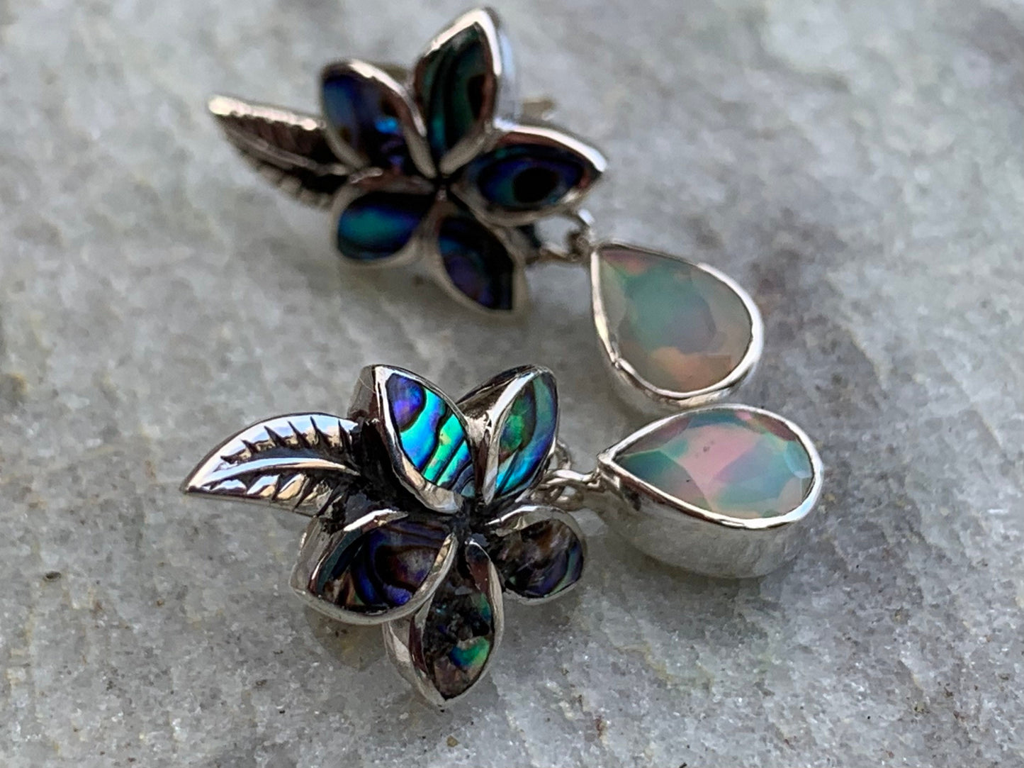 Plumeria Opal Earrings Studs. Abalone shell, Silver.
