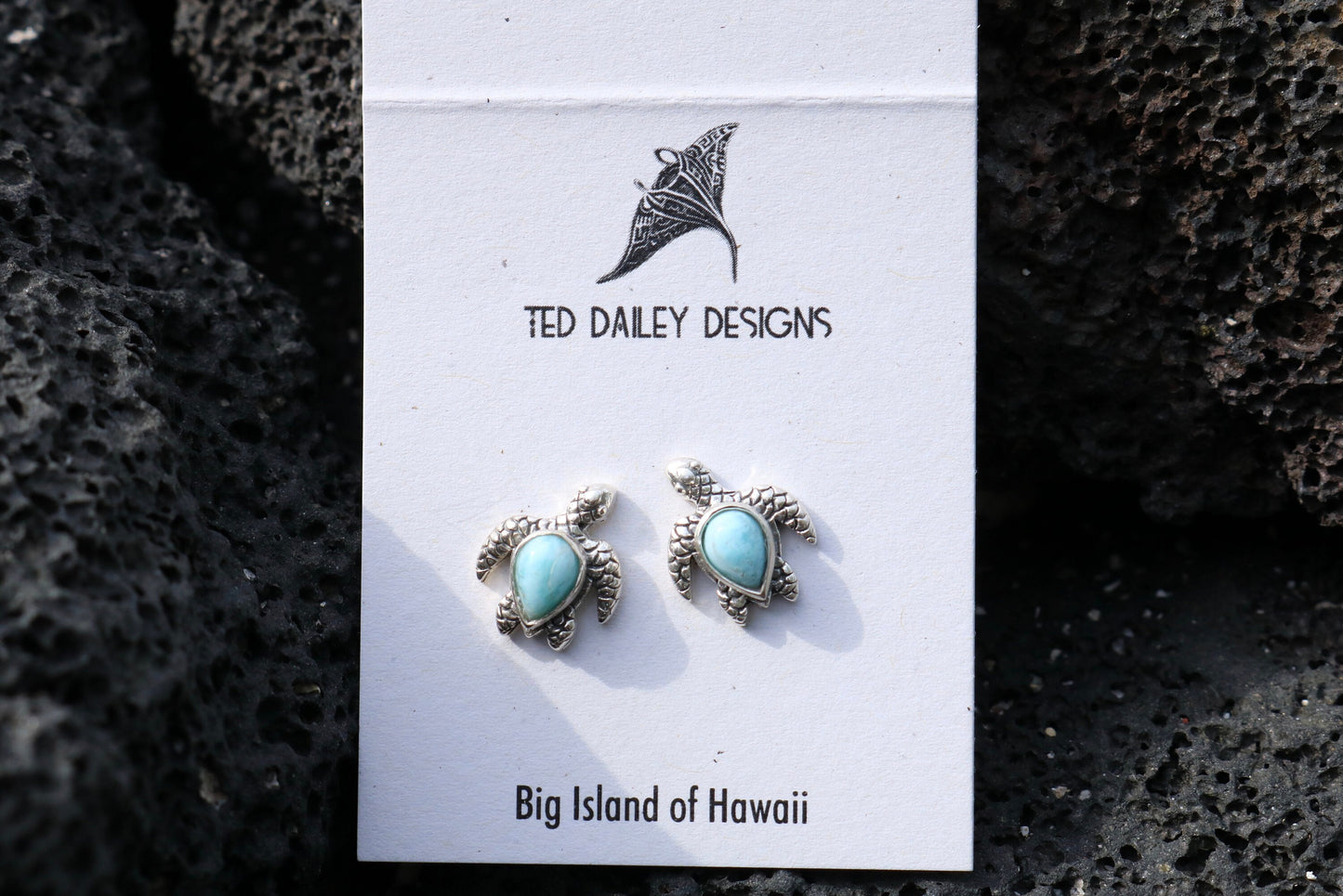 Larimar Turtle Earrings Studs. Sterling Silver.