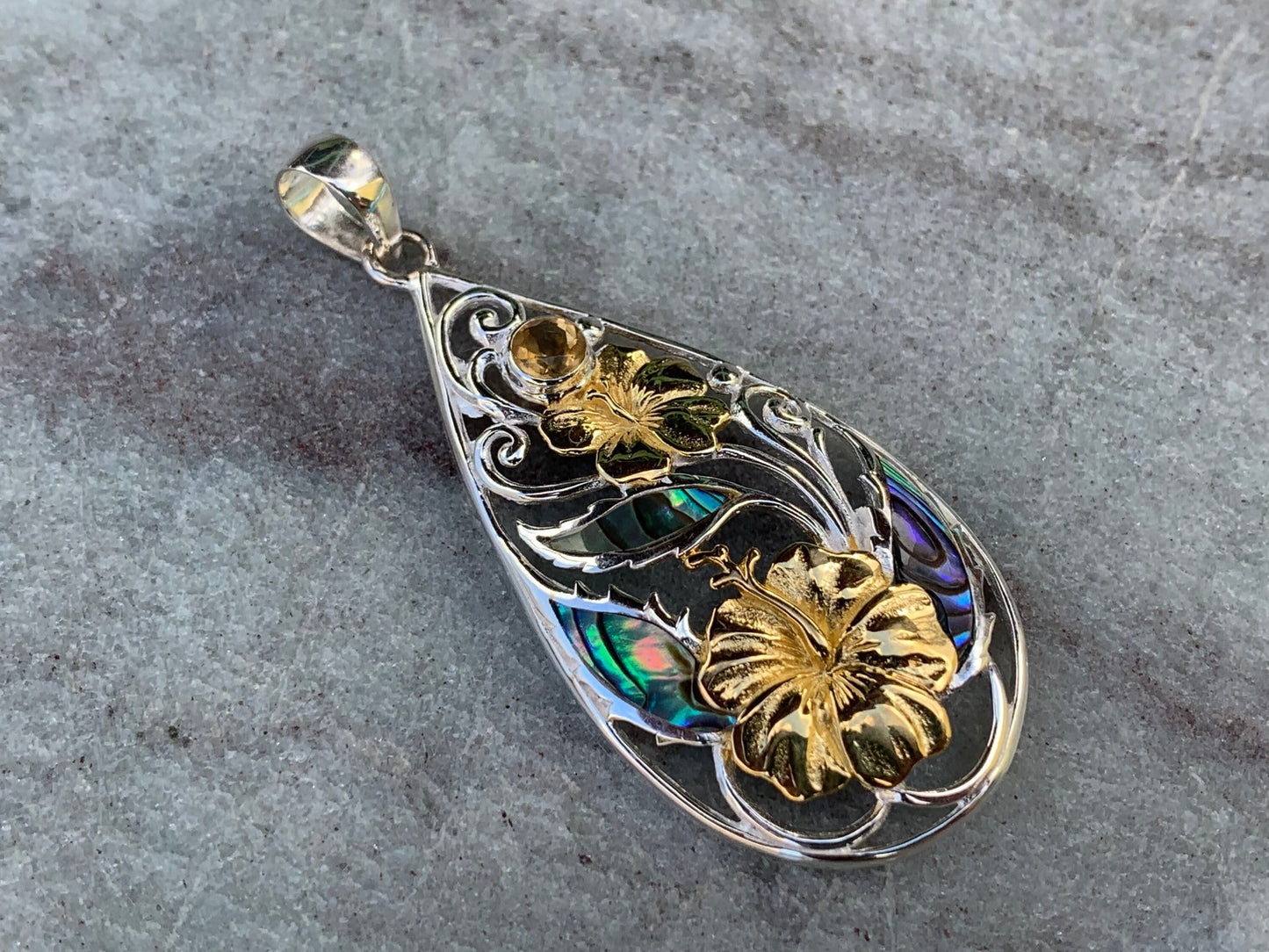 Hibiscus Flower Necklace Pendant. State Flower of Hawaii. Silver, Gold, Abalone Shell, Citrine.