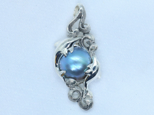 Dolphins Blue Mabe Pearl Silver Pendant Necklace