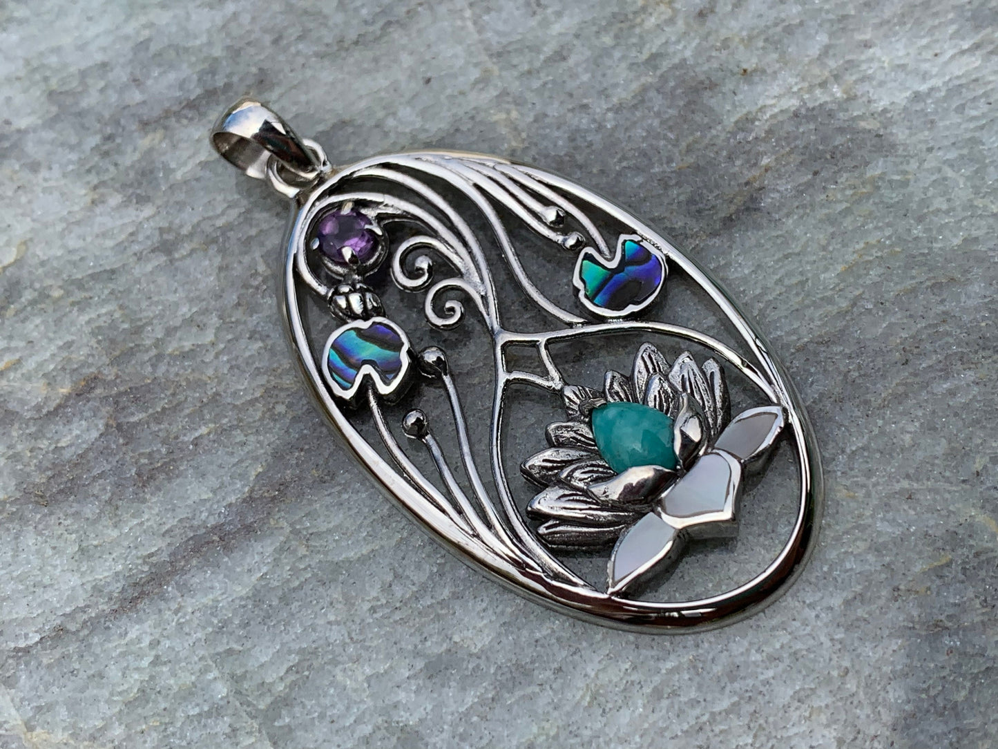 Turquoise Amethyst Lotus Necklace Pendant. Sterling Silver. Abalone Shell, Mother of Pearl.