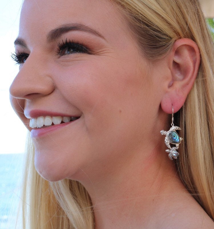 Sea Turtle Couple Earrings  | Abalone Paua Shell | Blue Topaz | Sterling Silver | Ocean | Beach | Gift | Jewelry | Handmade | Unique