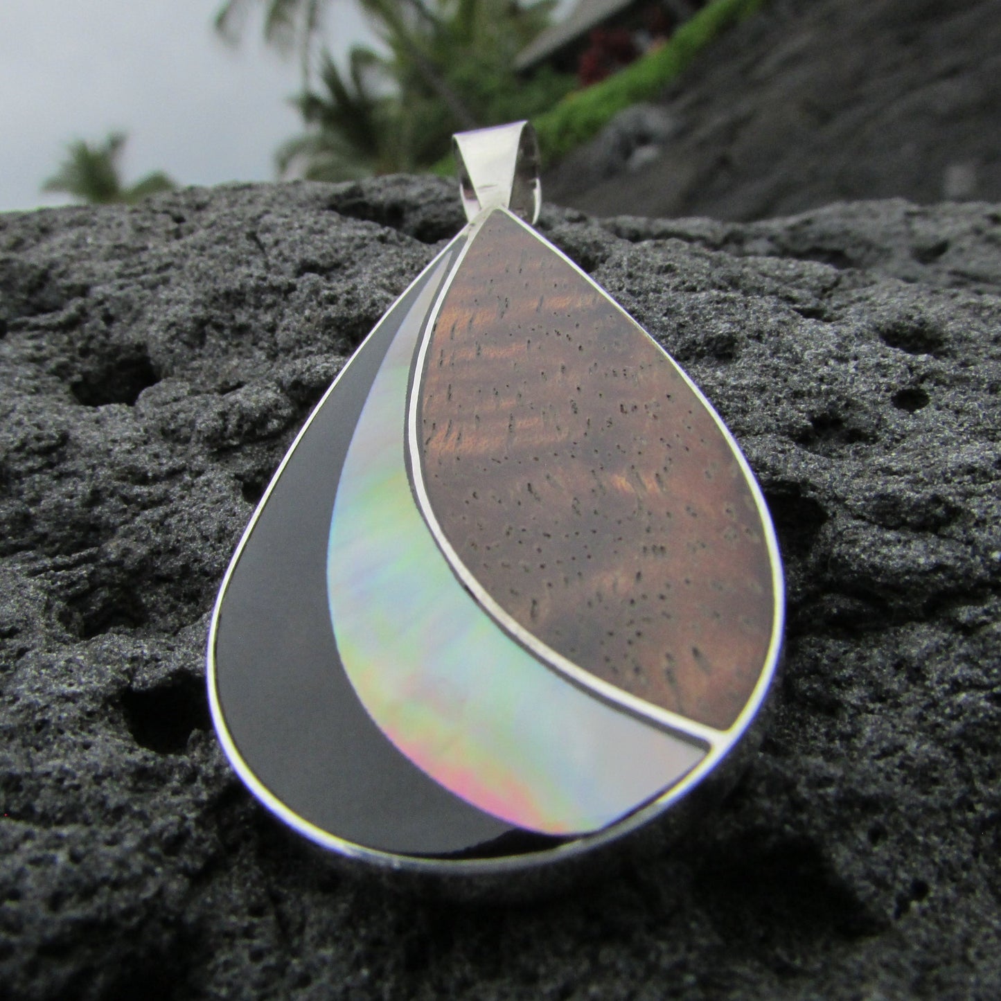 Teardrop Necklace Pendant | Black Ouster Shell | Sterling Silver | Koa Wood | Gift | Jewelry | Handmade | Unique
