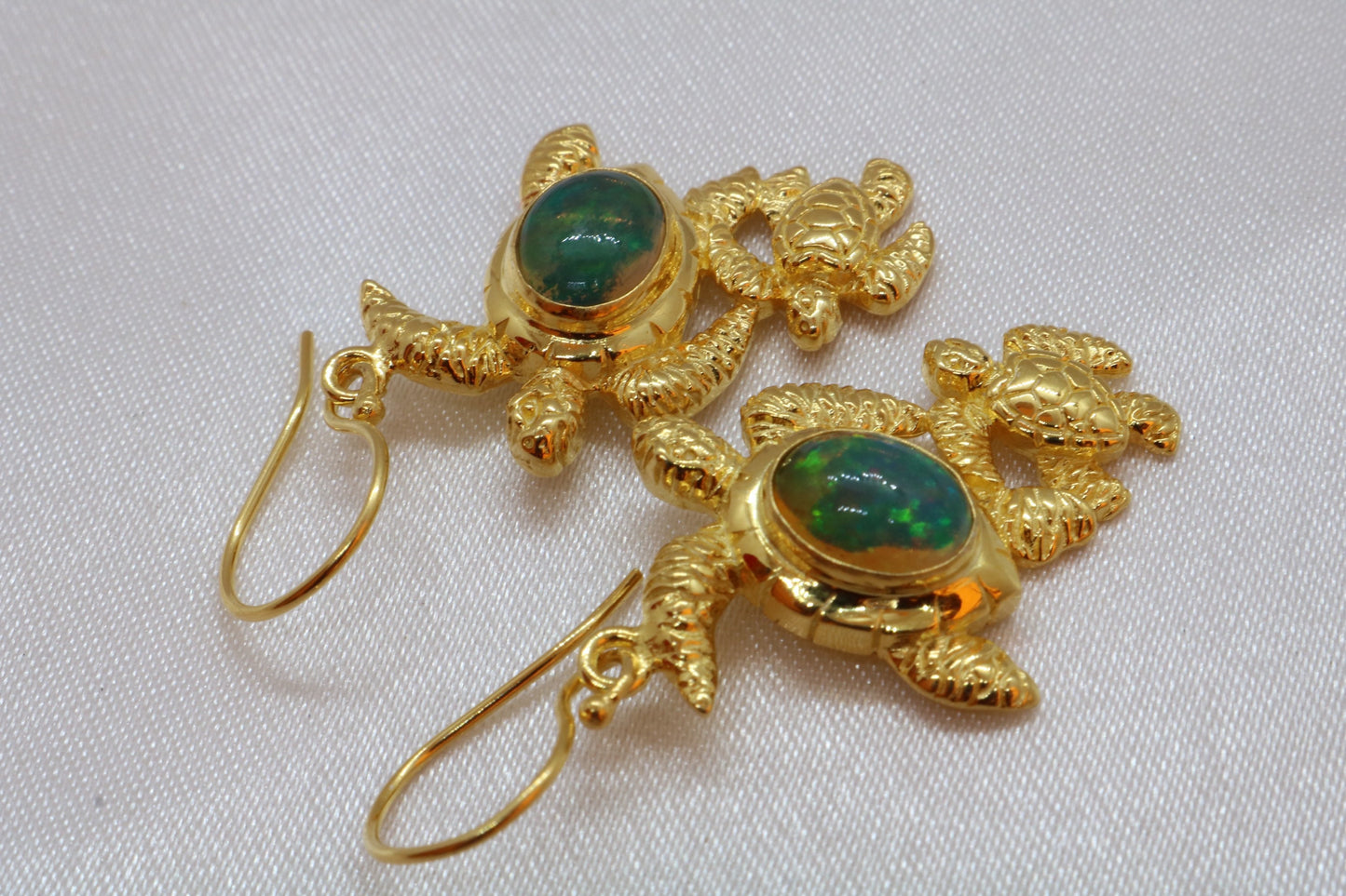 Opal Turtle Hawaiian Honu Mom and Baby 18k Gold Vermeil Earrings
