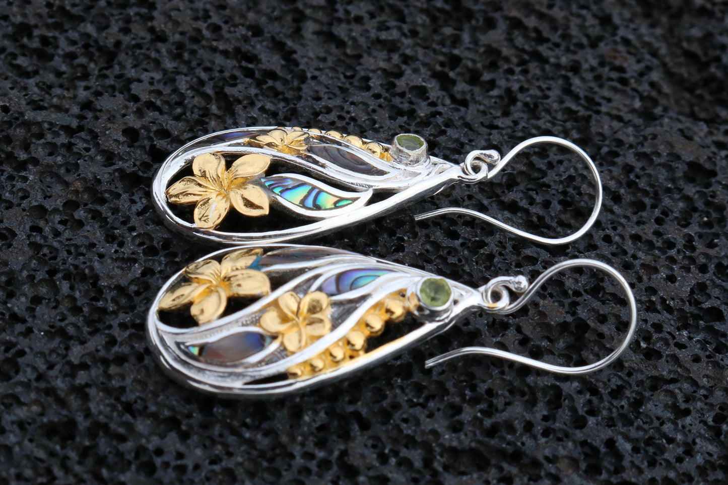 18K Gold Vermeil Plumeria Flowers Teardrop Earrings. Abalone Shell, Sterling Silver, Peridot.