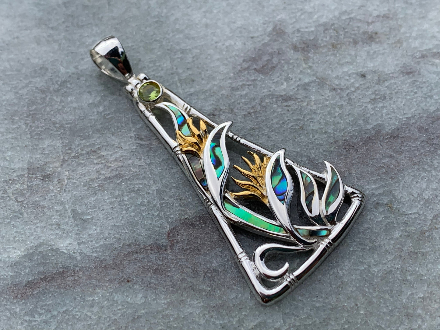 Bird of Paradise Flower Peridot Silver Gold Shell Necklace Pendant