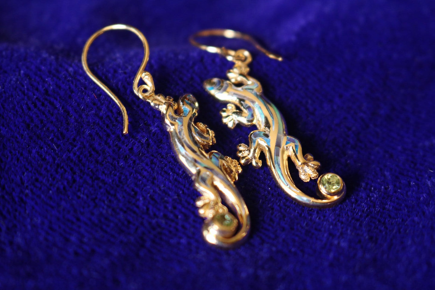Hawaiian Gecko Lizard Salamander Earrings. Vermeil 18k Gold Silver Abalone Paua Shell Peridot.