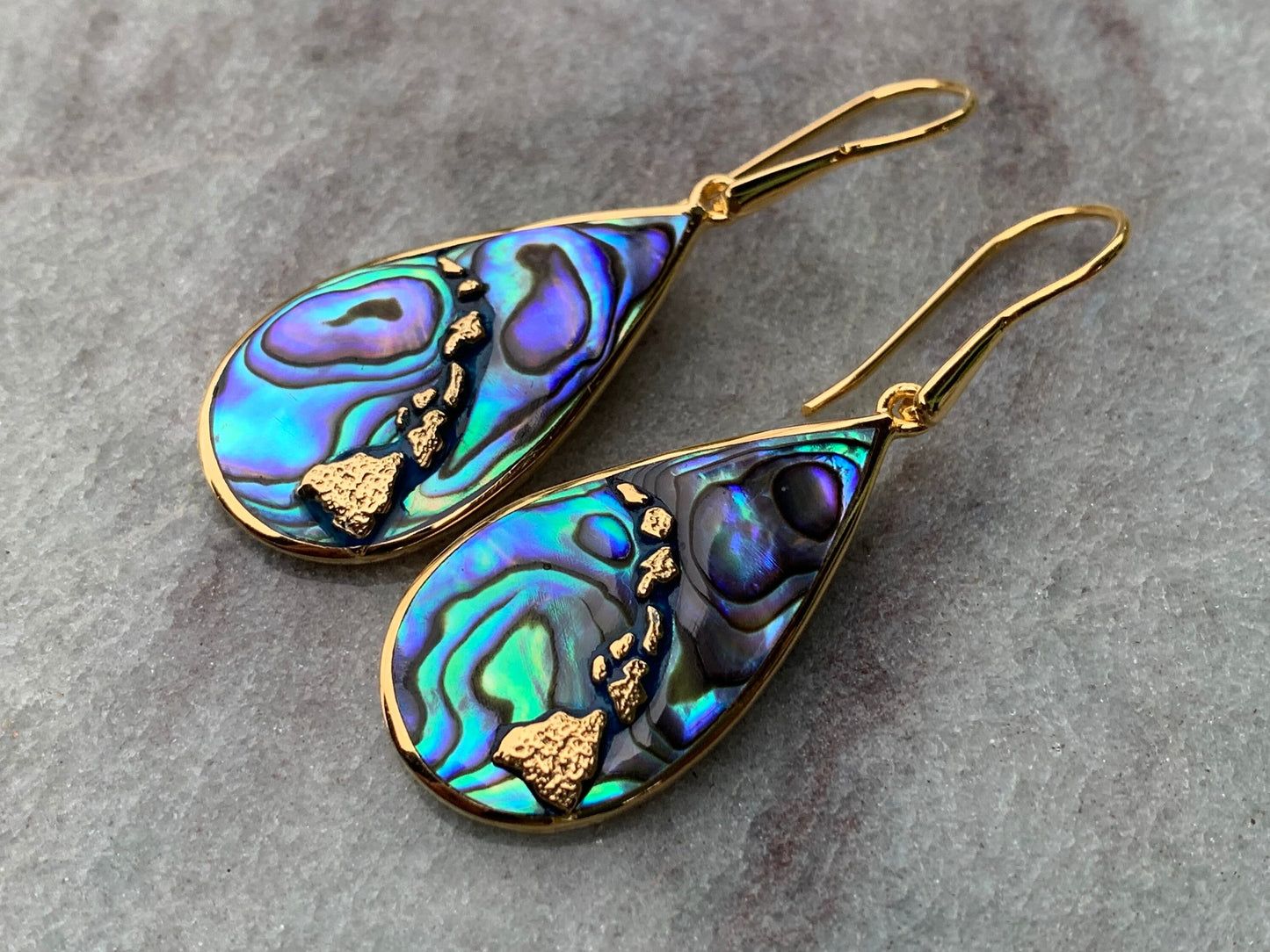 Hawaiian Islands Chain Earrings. Kauai, Oahu, Maui, Big Island of Hawaii. Silver, 18k Gold, Abalone Paua Shell.