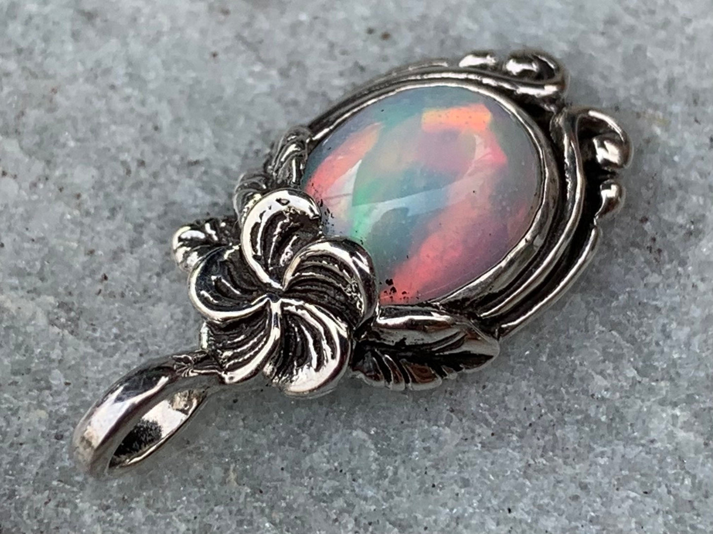 Opal Plumeria Flower Necklace Pendant. Sterling Silver.