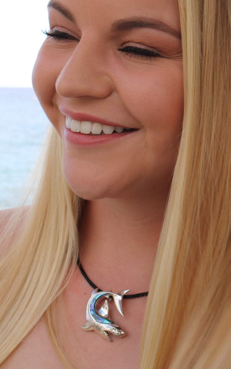 Shark Necklace Pendant. Sterling Silver, Mother of Pearl, Abalone Paua Shell.