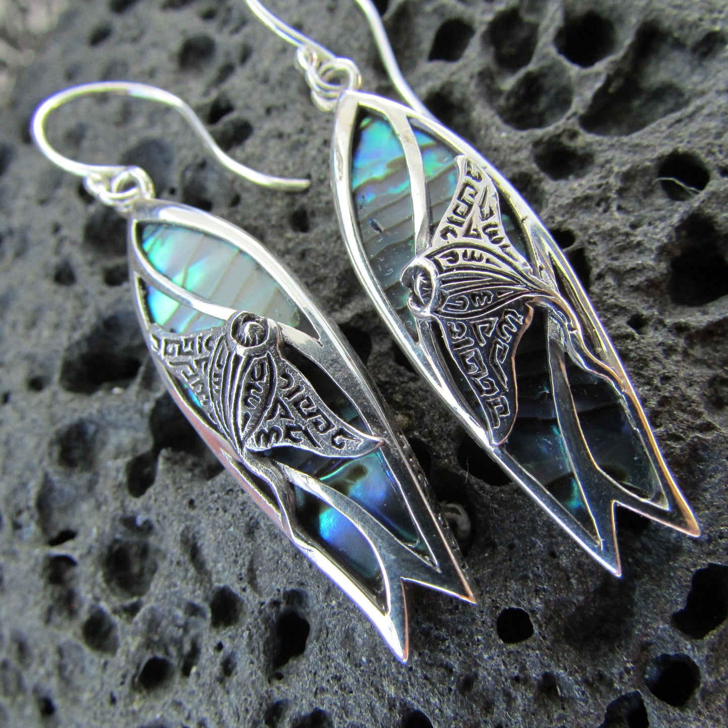 Surfboard Manta Ray Earrings. Abalone Paua Shell. Sterling Silver.
