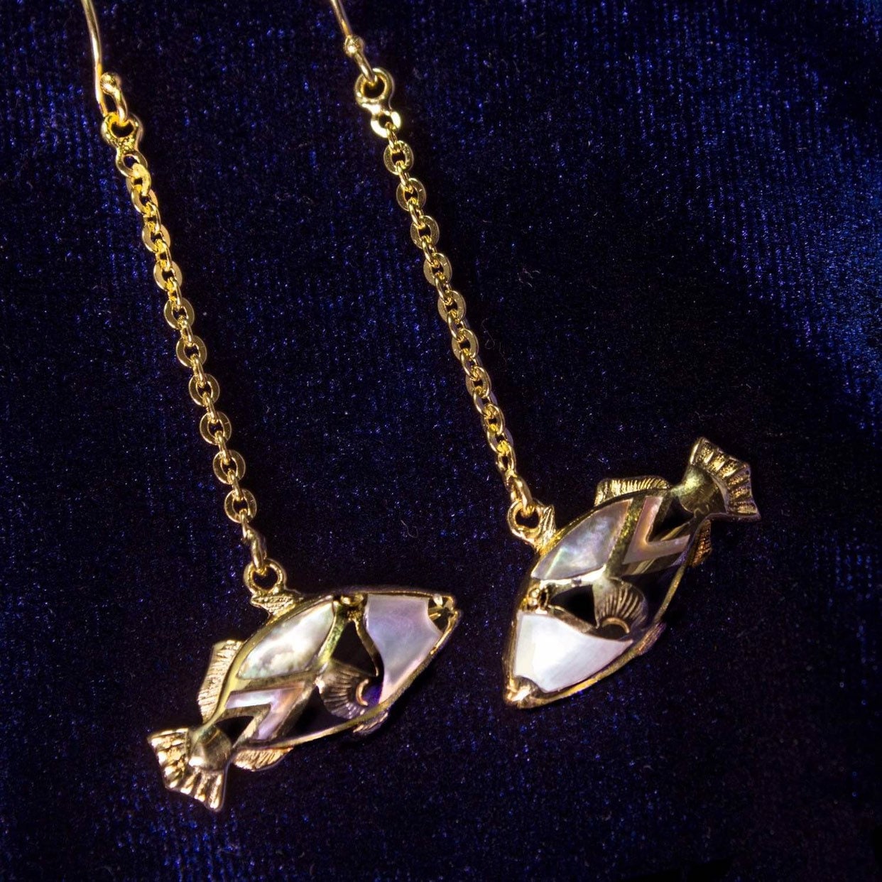 Humuhumunukunukuapua’a (Trigger Fish) Hawaiian State Fish Earrings. 18k Gold Vermeil, Silver, Mother of Pearl.