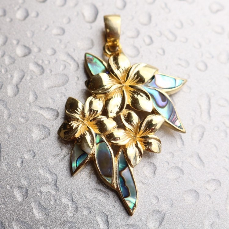 Plumeria Flowers Necklace Pendant. 18k Gold Vermeil. Abalone Paua Shell.