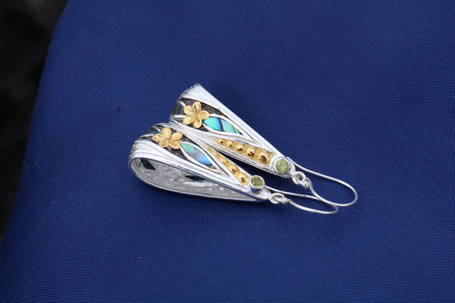 18K Gold Vermeil Plumeria Peridot Abalone Shell Hoop Earrings. Sterling Silver.