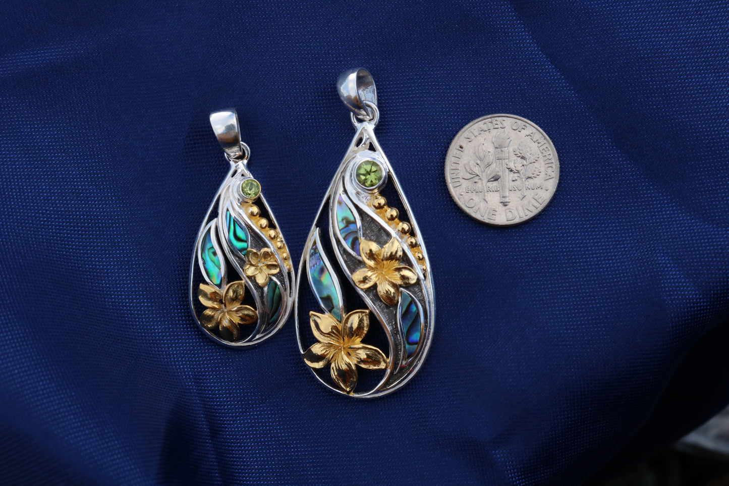 18K Gold Vermeil Teardrop Peridot Plumeria Flower Necklace Pendant. Abalone Shell. Sterling Silver.