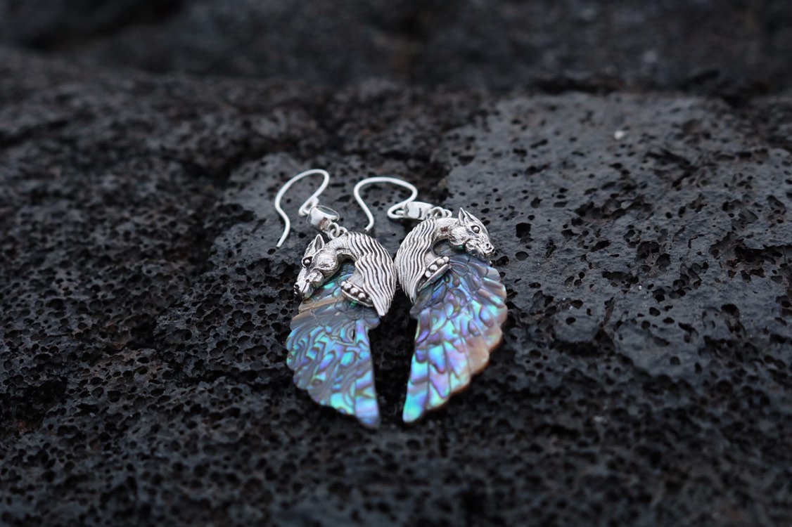 Pegasus Horse Wings Cowgirl Jewelry Earrings. Sterling Silver, Blue Topaz, Abalone Paua Shell.