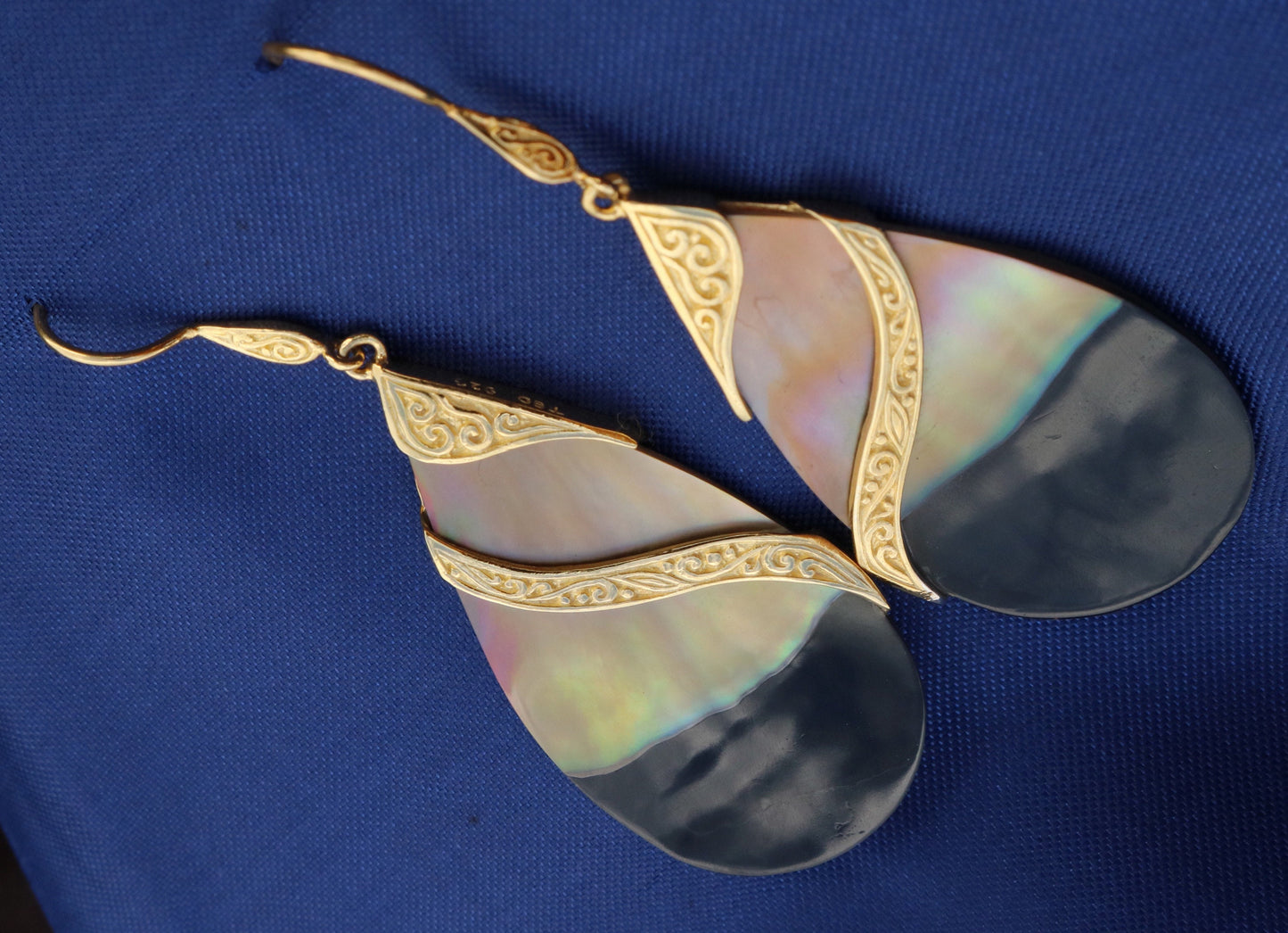 18k Gold Teardrop Black Oyster Shell Earrings Double Tribal Design. Sterling Silver.