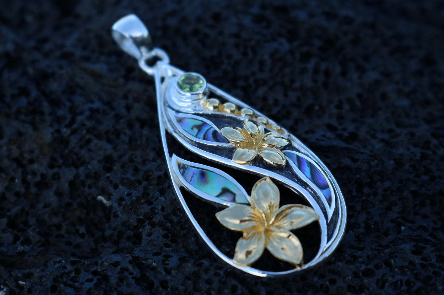 18K Gold Vermeil Teardrop Peridot Plumeria Flower Necklace Pendant. Abalone Shell. Sterling Silver.