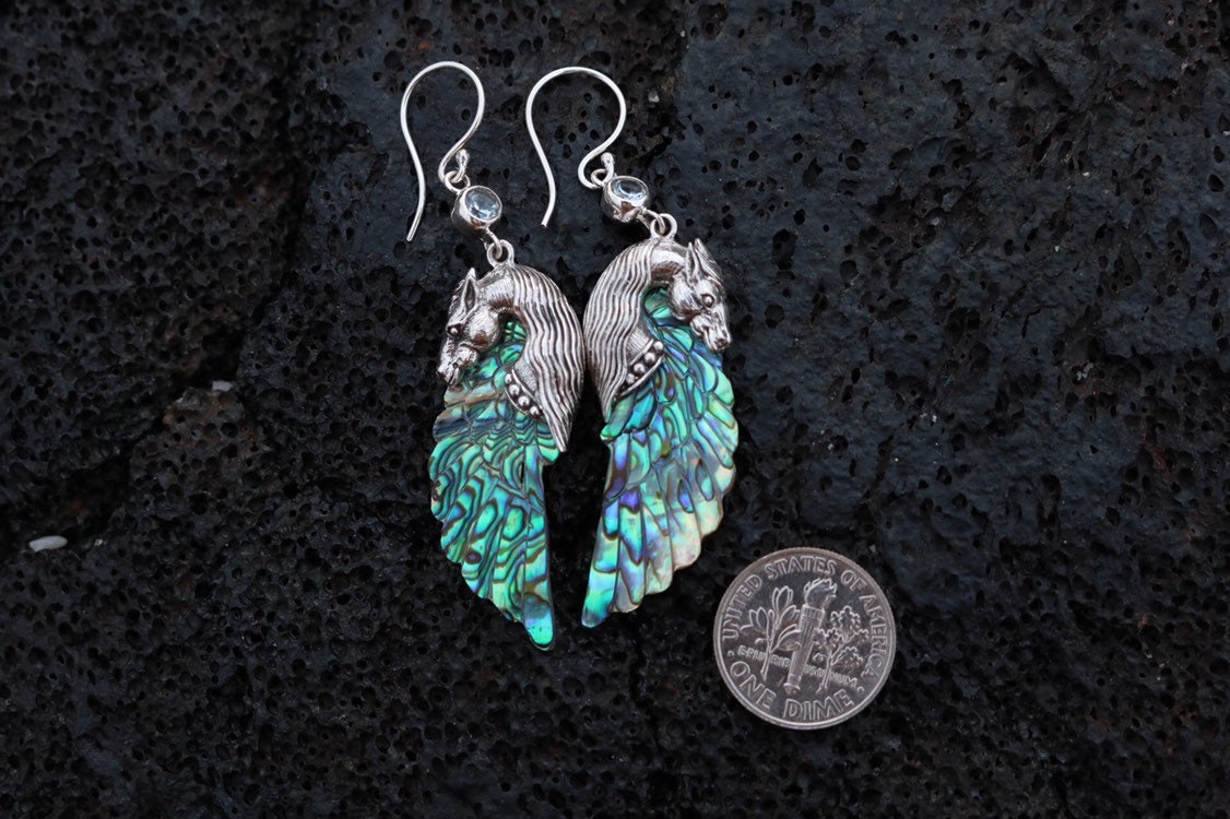 Pegasus Horse Wings Cowgirl Jewelry Earrings. Sterling Silver, Blue Topaz, Abalone Paua Shell.