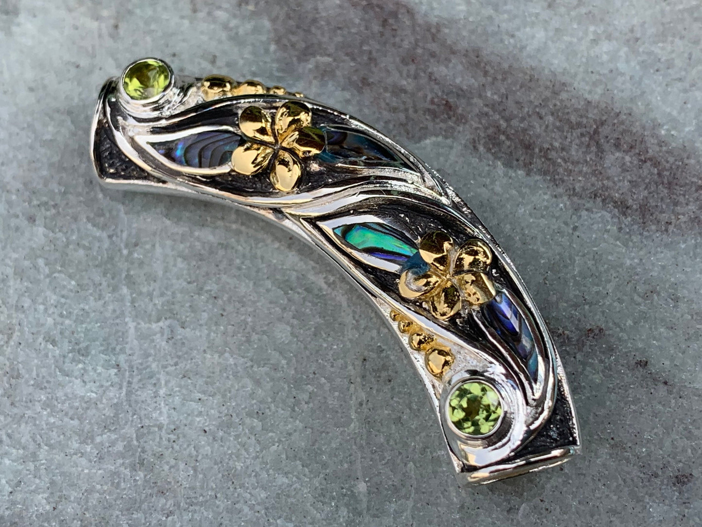 Plumeria Slider Necklace Pendant. 2 Peridot Gemstones, Abalone Shell, Sterling Silver, 18K Gold.