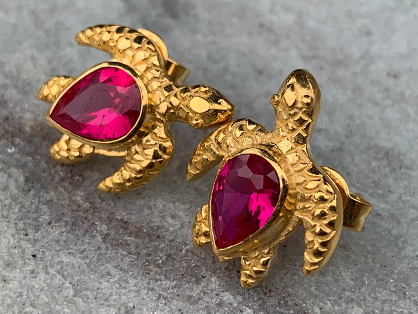 18k gold vermeil ruby turtle earrings studs.