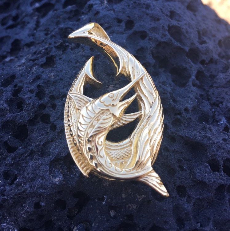 18K Gold Vermeil Makau Fishing Hook Marlin Necklace Pendant.