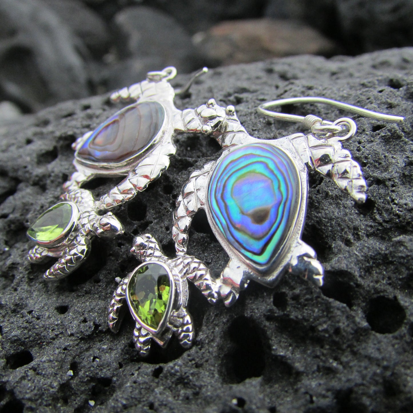 Sea Turtle Earrings | Paua Abalone Shell | Peridot | Sterling Silver | Ocean | Beach | Gift | Jewelry | Handmade | Unique
