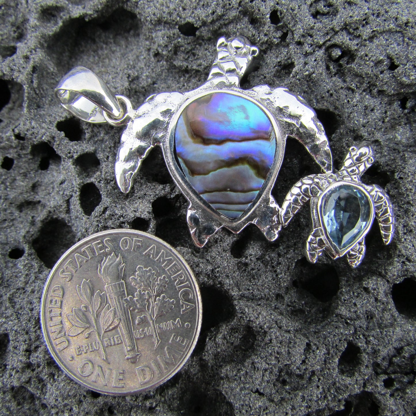 Sea Turtle Couple Necklace Pendant | Abalone Paua Shell | Blue Topaz | Sterling Silver | Ocean | Beach | Gift | Jewelry | Handmade | Unique