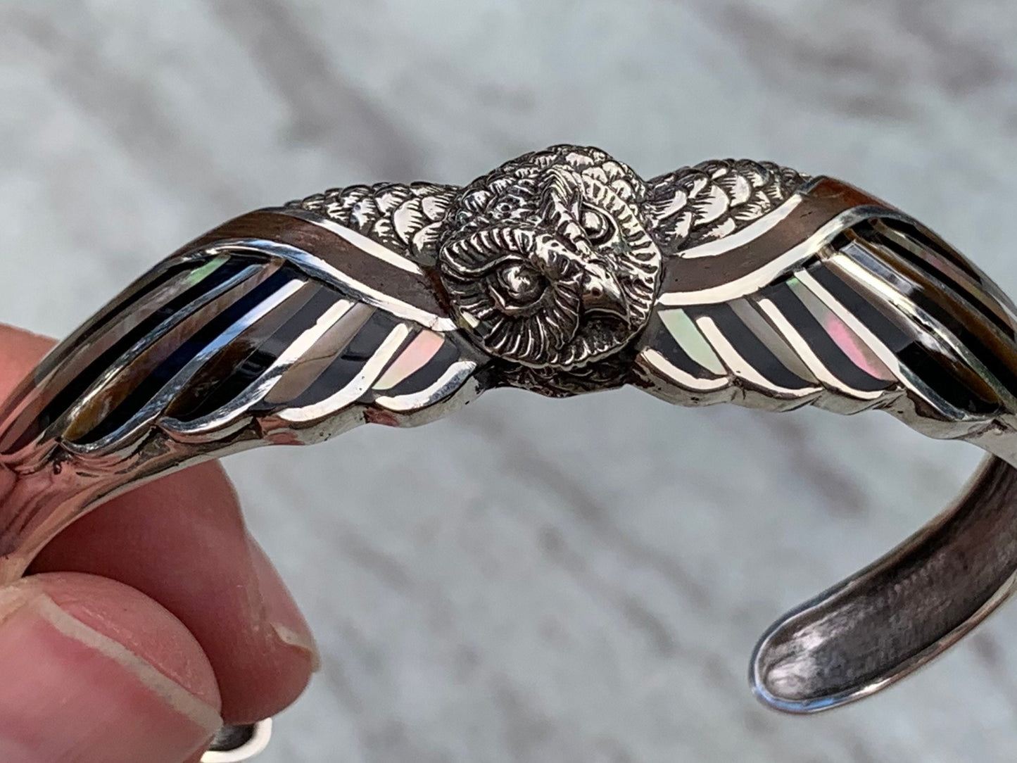 Owl cuff bracelet. Hawaiian Koa Wood. Mother of Pearl, Black Lip Oyster Shell, Sterling Silver.