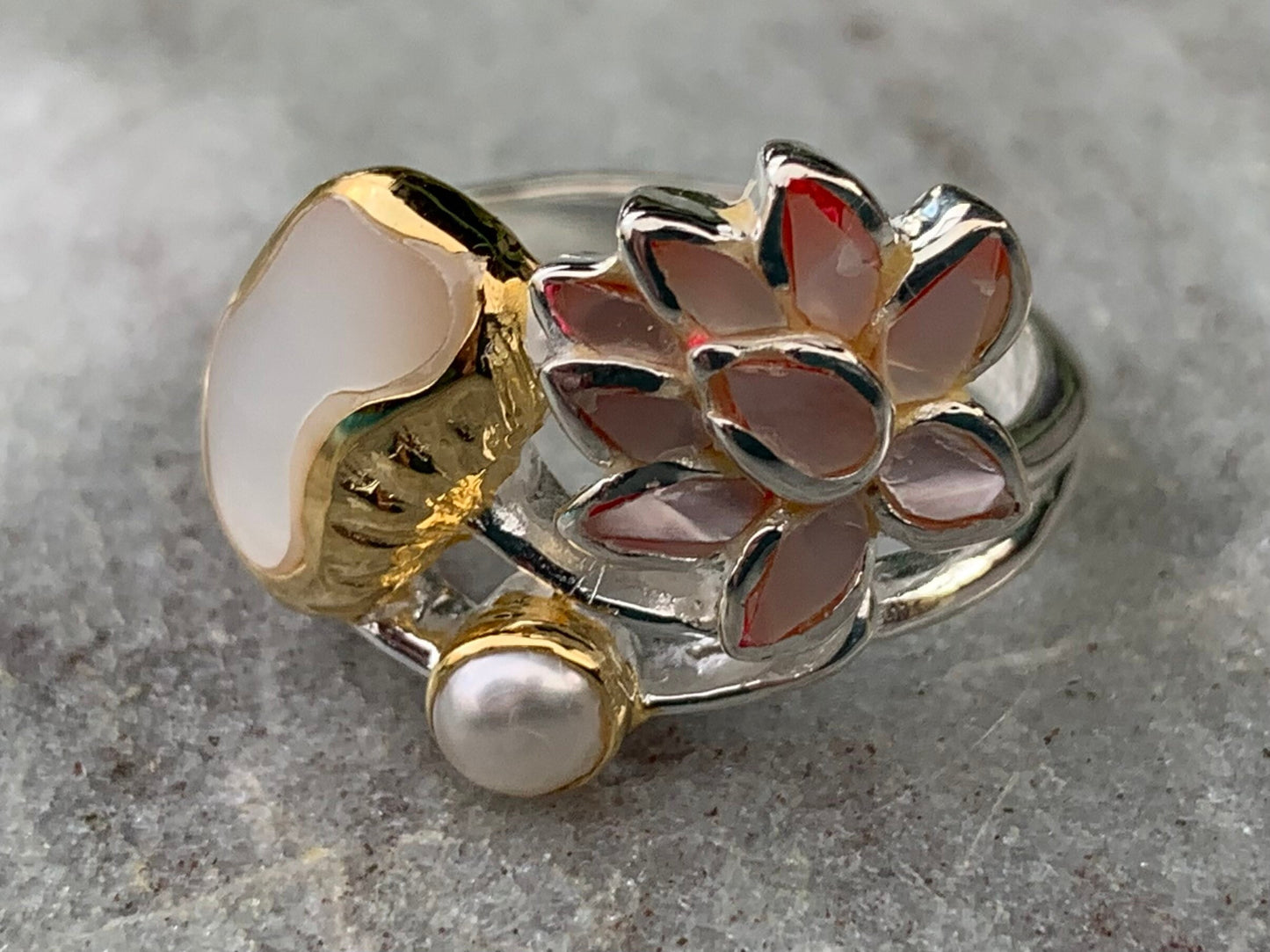 Pink Lotus Flower Ring. Sterling Silver, Pearl, Gold, Mother of Pearl.