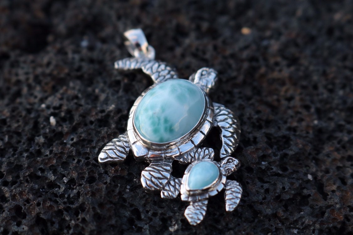 Larimar Turtle and Baby Necklace Pendant Jewelry. Sterling Silver.