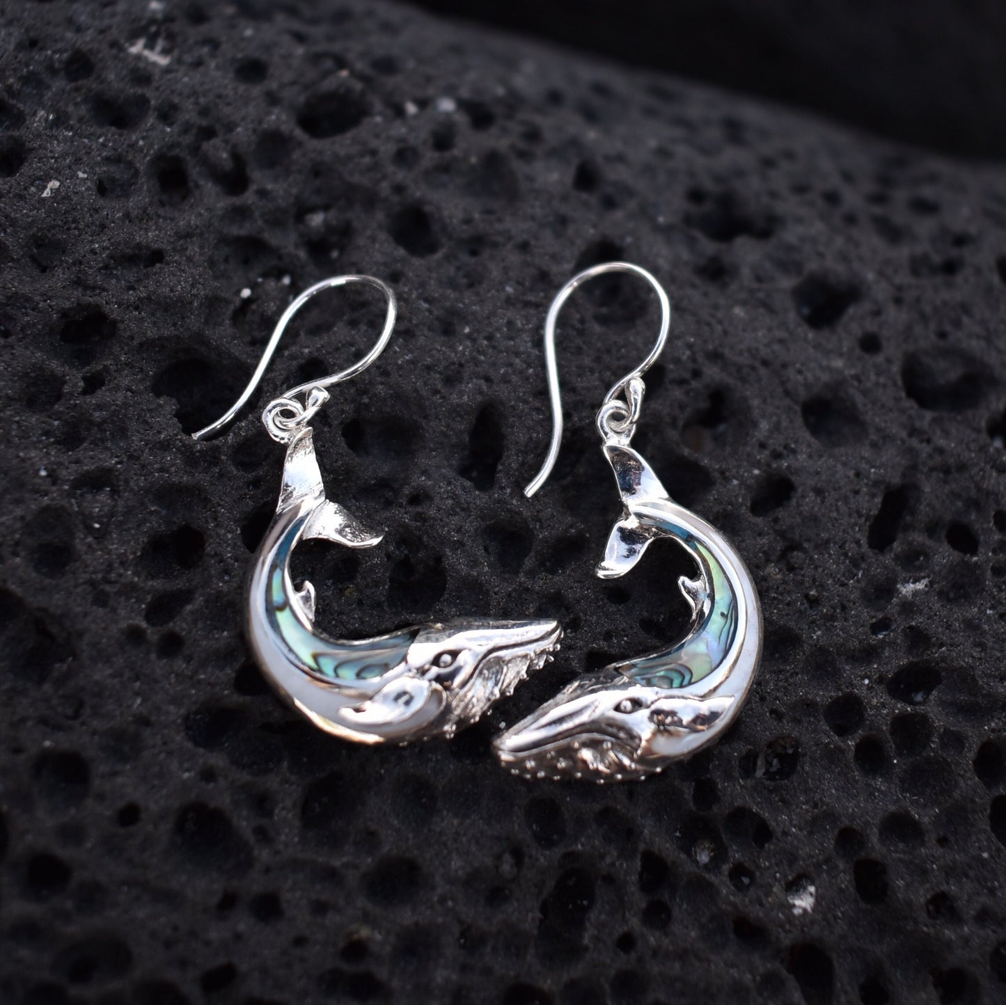 Whale earrings. Sterling Silver. Abalone Shell. Mother of Pearl.