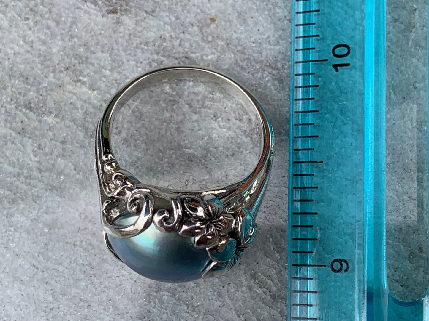 Blue Mabe Pearl Plumeria Flower Silver Ring