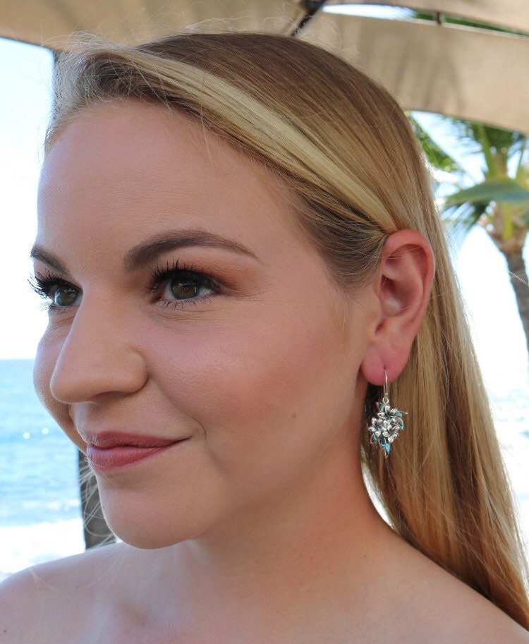 Plumeria Flowers Earrings. Abalone Paua Shell, Sterling Silver.