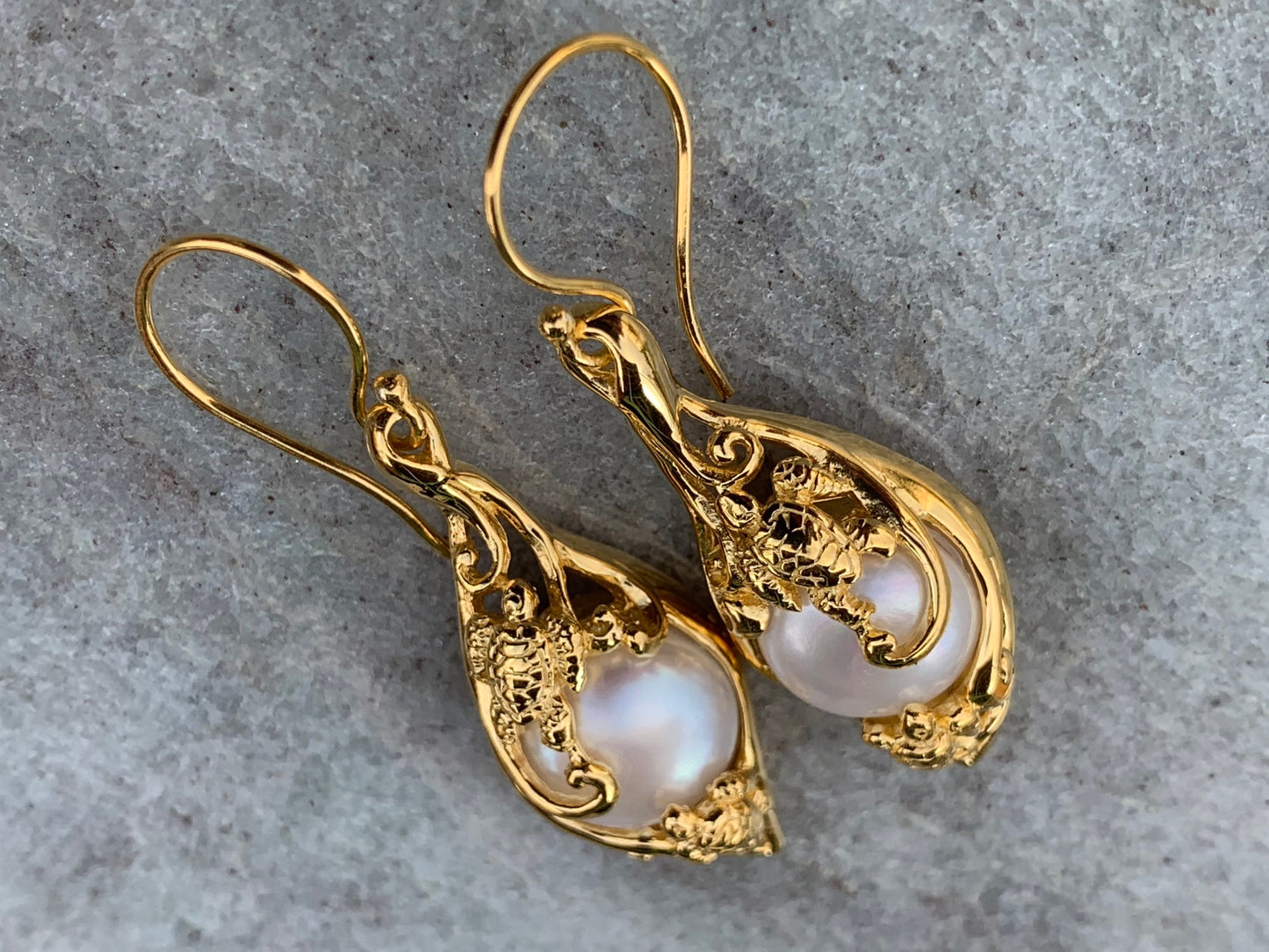 18k gold vermeil white mabe pearl turtle earrings. Hawaiian Honu.