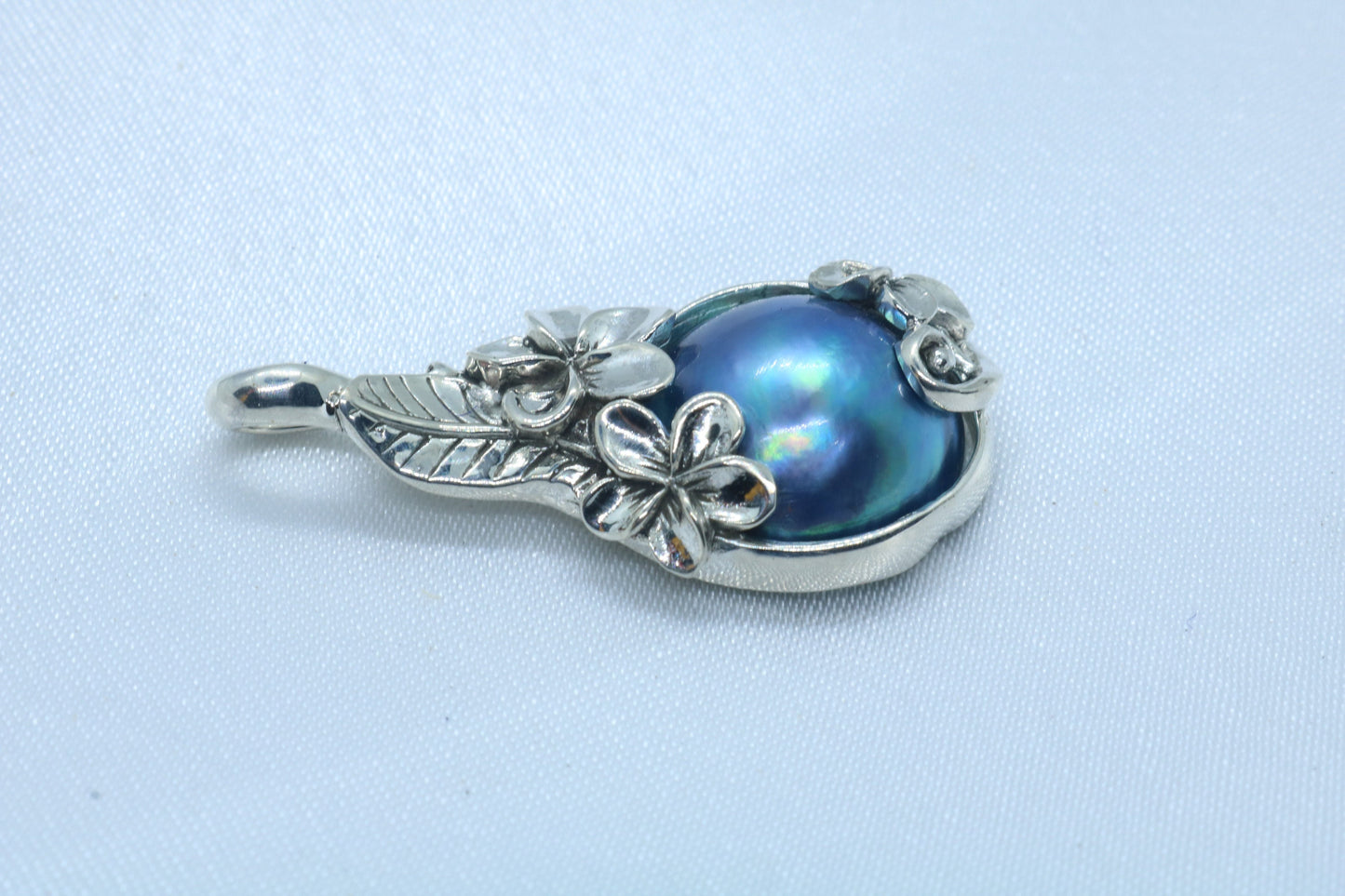 Plumeria Flower Blue Mabe Pearl Silver Pendant Necklace