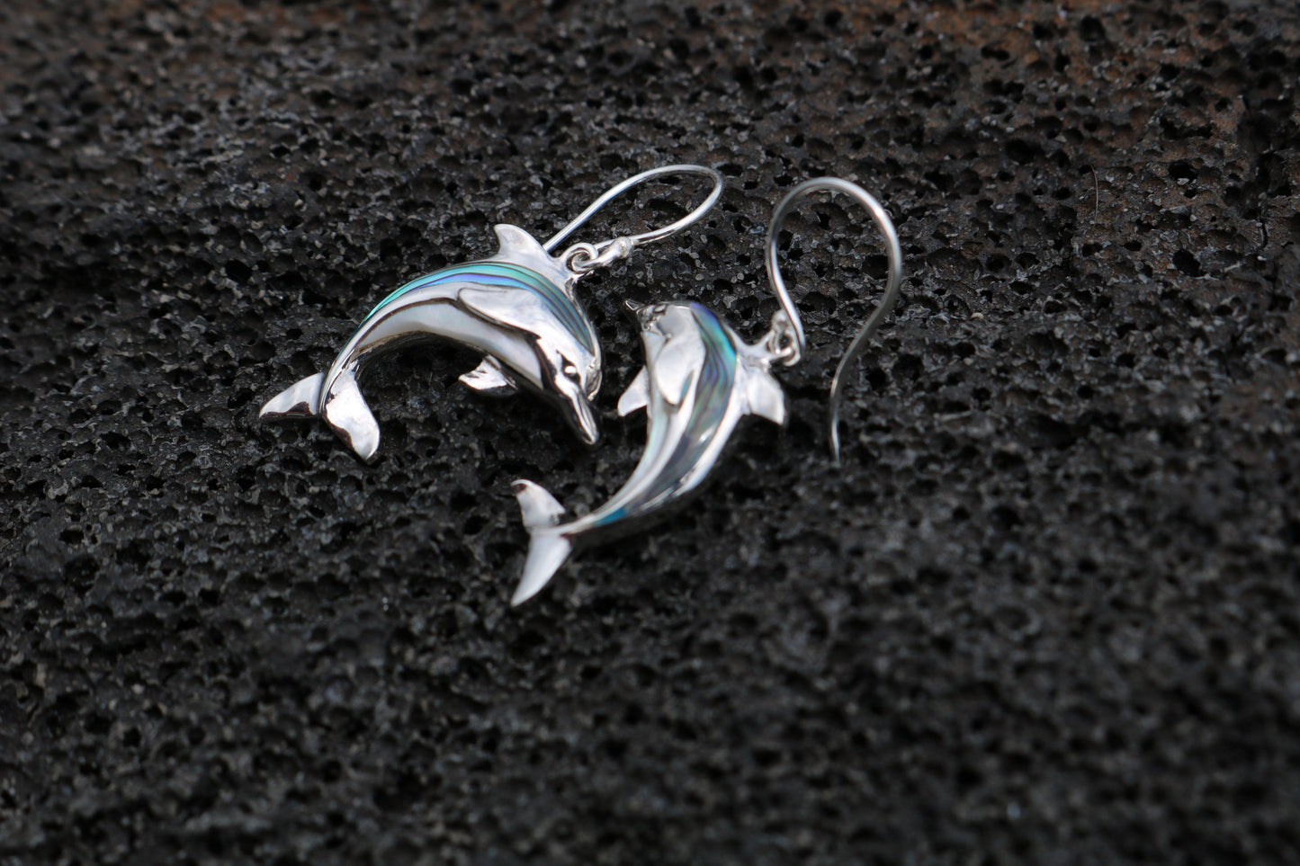 Aumakua Dolphin Earrings. Abalone Paua Shell, Mother of Pearl, Sterling Silver.