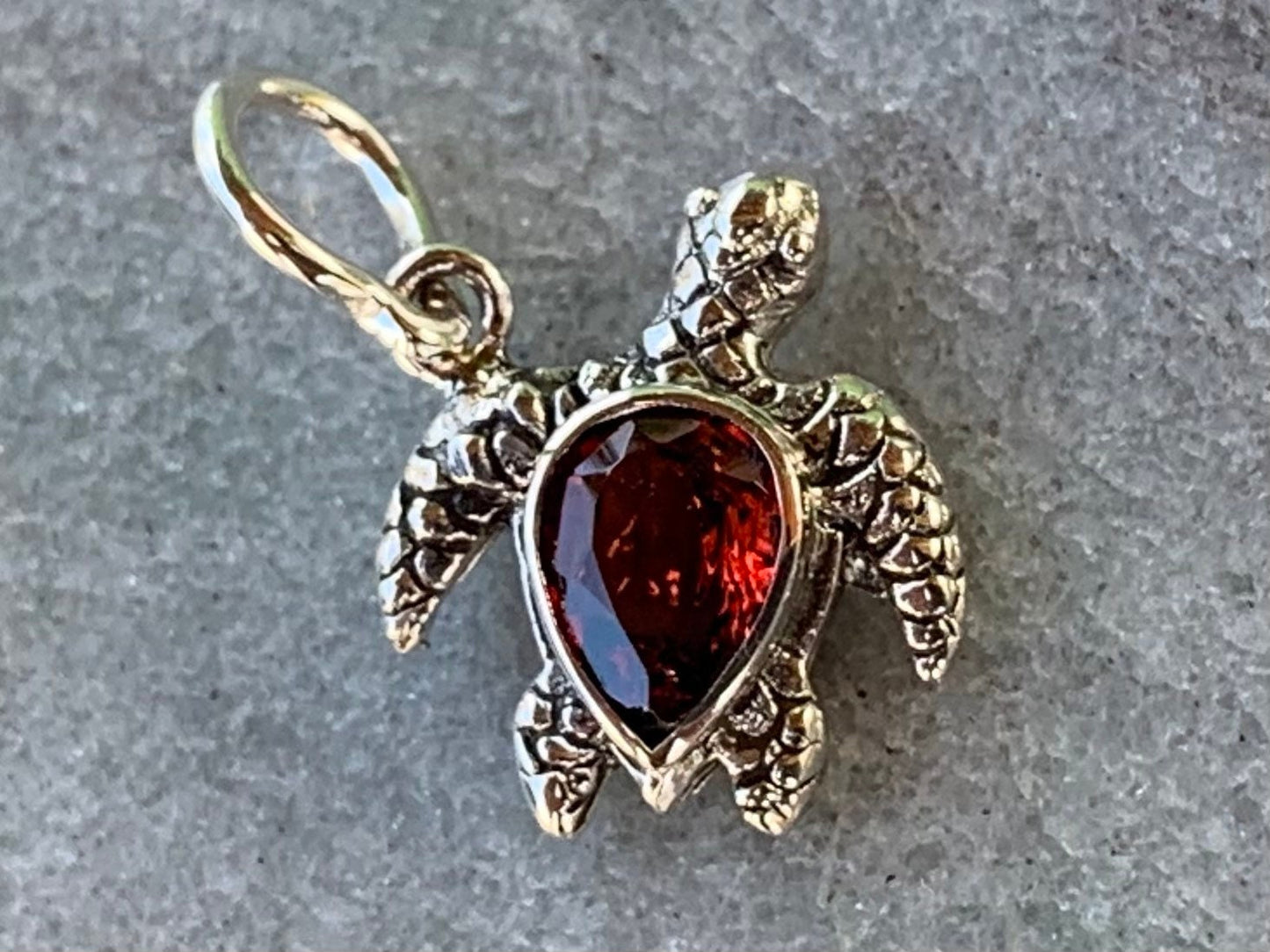 Honu Turtle Garnet Silver Charm Necklace Pendant