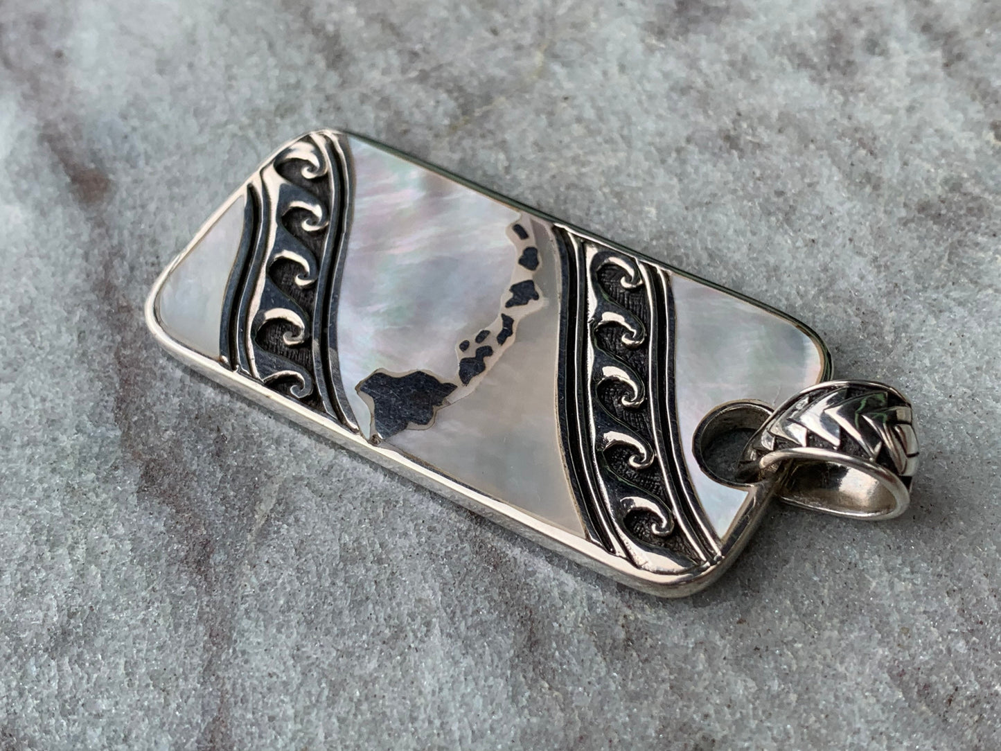 Hawaiian Islands Tribal Design Pendant Necklace. Sterling Silver, Mother of Pearl.