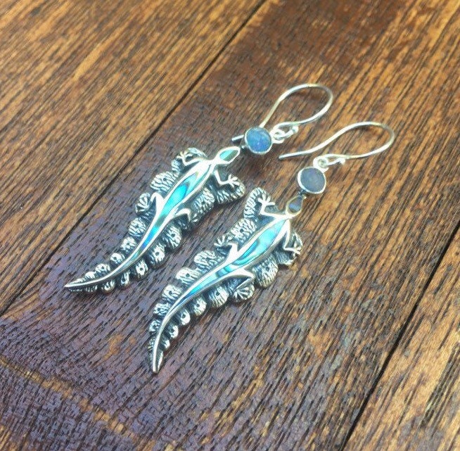 Lizard Salamander Hawaiian Gecko Aumakua Handmade Earrings. Rainbow Opal, Abalone Paua Shell, Sterling Silver.