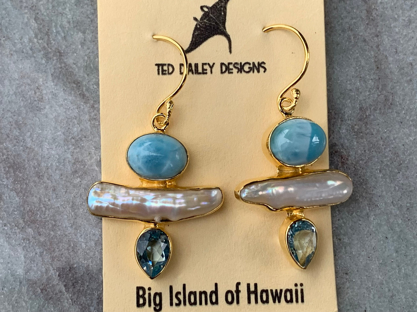 Larimar, Pearl, Blue Topaz 18k Gold Vermeil Earrings.