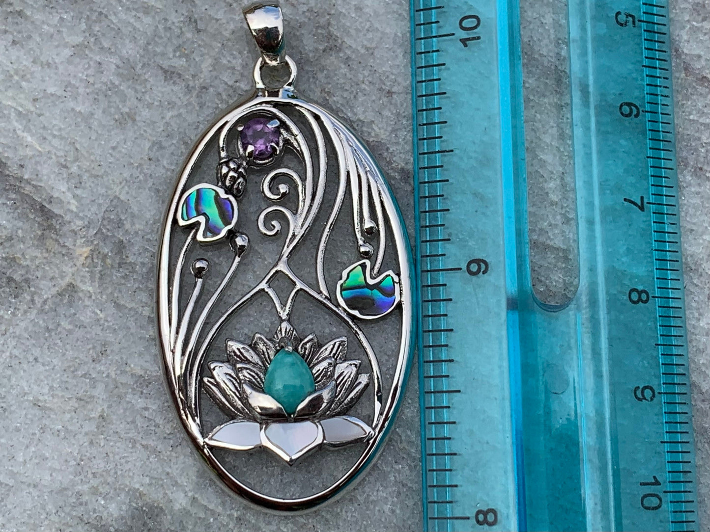 Turquoise Amethyst Lotus Necklace Pendant. Sterling Silver. Abalone Shell, Mother of Pearl.