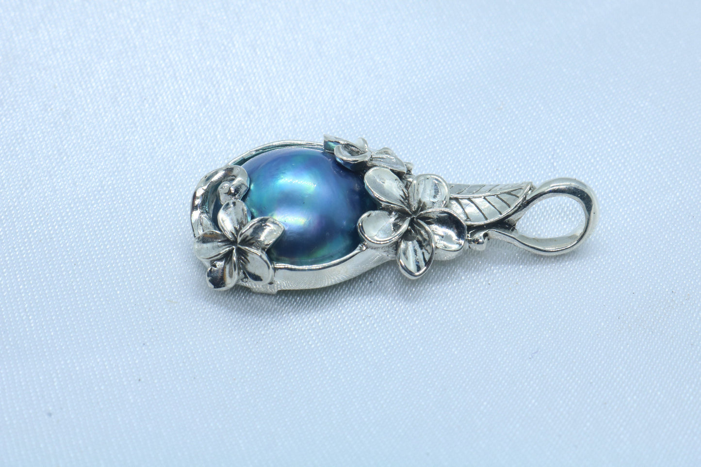 Plumeria Flower Blue Mabe Pearl Silver Pendant Necklace
