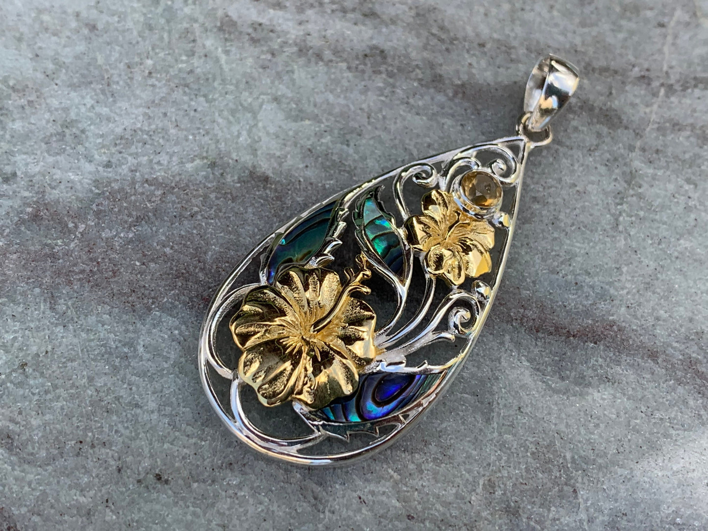 Hibiscus Flower Necklace Pendant. State Flower of Hawaii. Silver, Gold, Abalone Shell, Citrine.