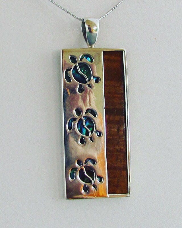 Triple Sea Turtle Necklace Pendant | Koa Wood | Abalone Paua Shell | Sterling Silver | Ocean | Beach | Gift | Jewelry | Handmade | Unique