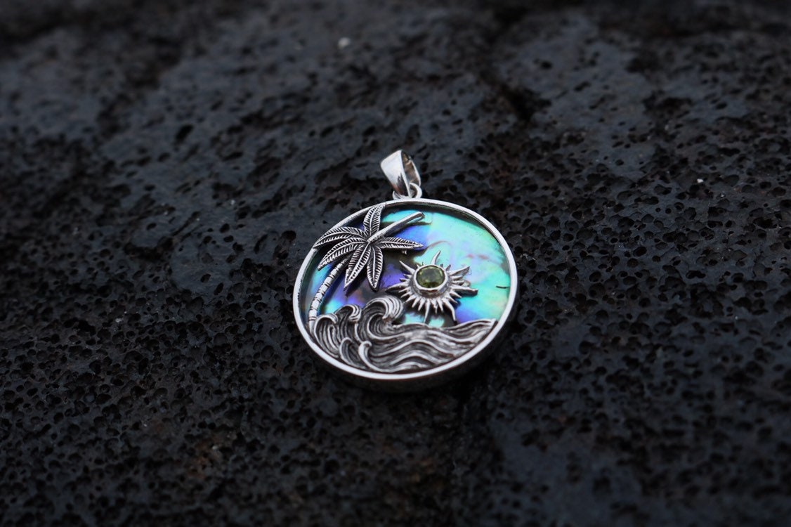 Ocean Beach Palm Tree Wave Sunset Necklace Pendant. Abalone Shell, Peridot, Sterling Silver.