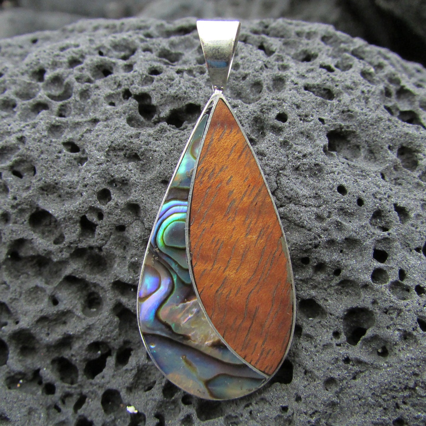 Teardrop Necklace Pendant | Koa Wood | Abalone Paua Shell | Sterling Silver | Gift | Jewelry | Handmade | Unique