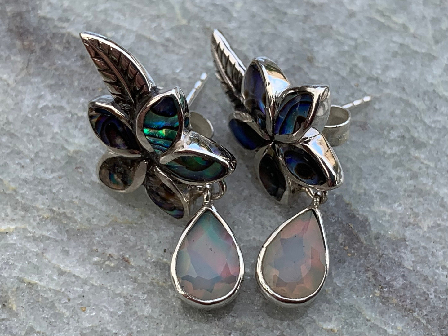 Plumeria Opal Earrings Studs. Abalone shell, Silver.