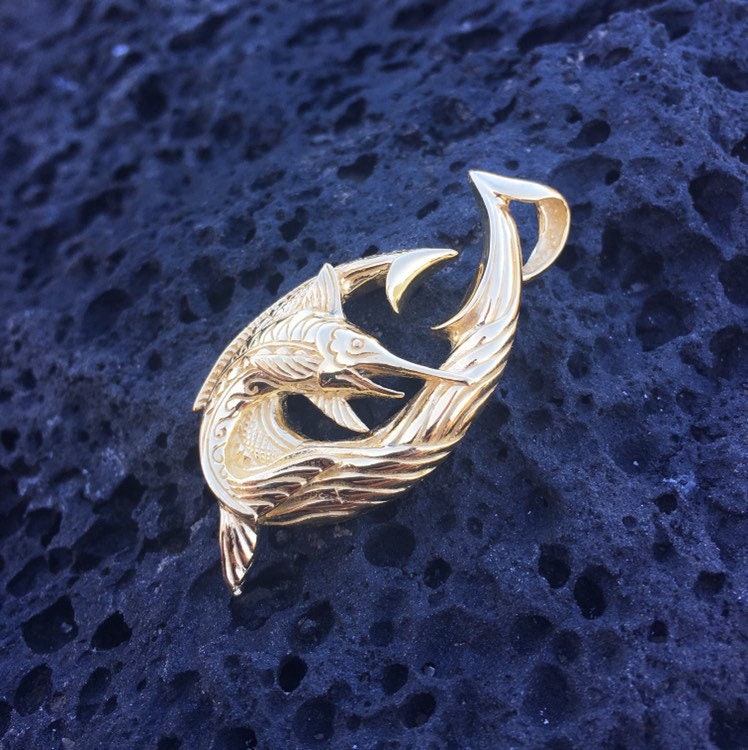 18K Gold Vermeil Makau Fishing Hook Marlin Necklace Pendant.